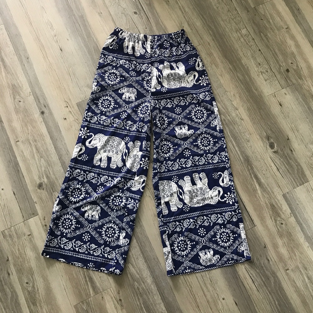 Wide Leg Boho Beach Trousers Blue Cream Print Size Small NWT